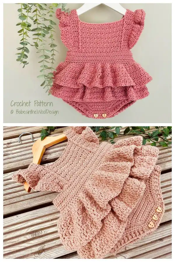 Adorable Ruffled Baby Romper in a soft pastel, featuring delicate ruffles on straps and legs, from Baby Romper Free Crochet Patterns & Paid - DIY Magazine