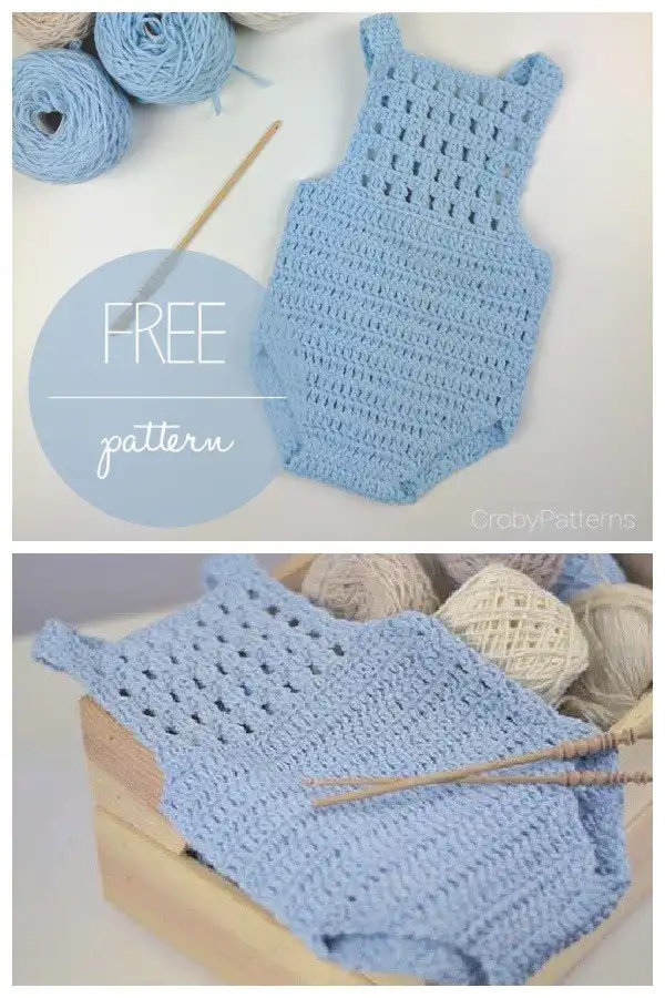 Sophisticated Baby Romper Blue Orchid in a serene blue hue, showcasing elegant stitch work, from Baby Romper Free Crochet Patterns & Paid - DIY Magazine