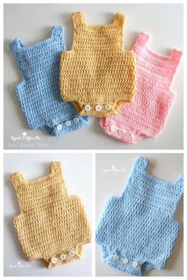 Simple and sweet Easiest Baby Romper in a cheerful yellow, perfect for beginner crocheters, from Baby Romper Free Crochet Patterns & Paid - DIY Magazine