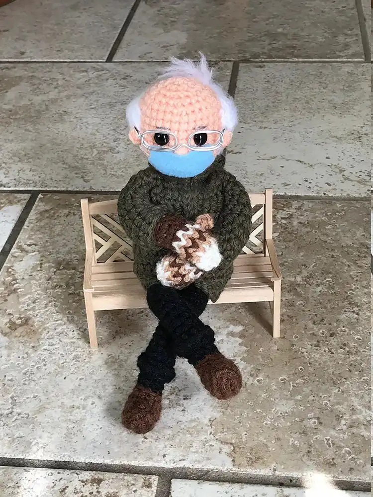Bernie’s Mittens Doll crochet amigurumi, a humorous pop culture-inspired plushie.