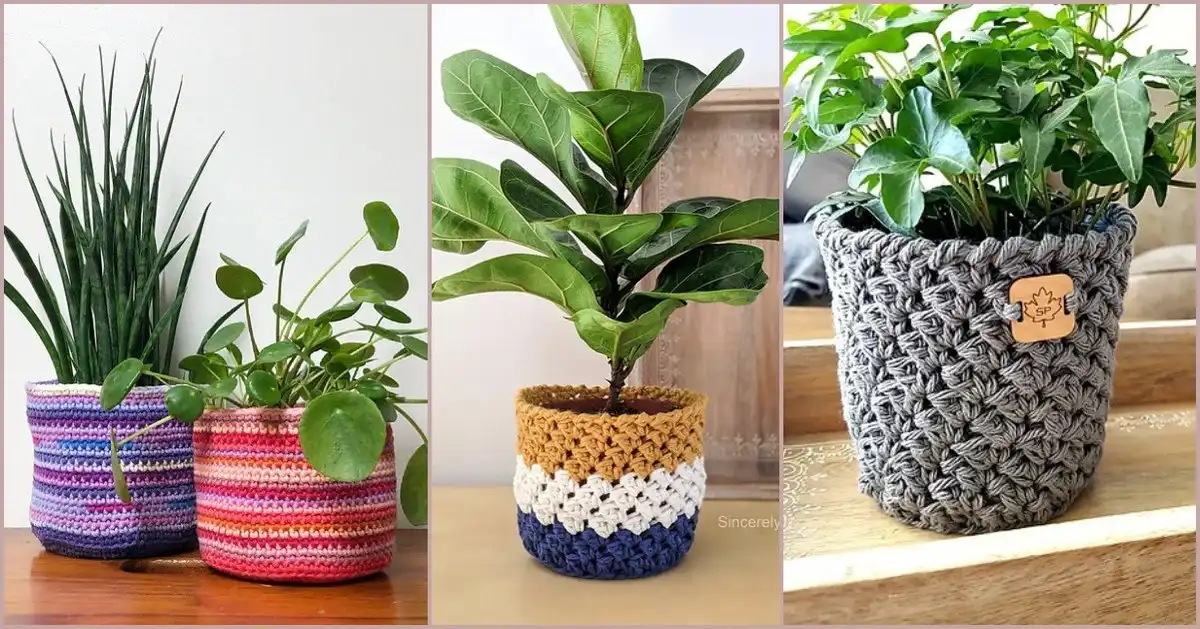 Several crochet basket covers in various colors and patterns displayed in a bright, inviting home interior setting, demonstrating Basket Cover As An Easy Way To Change Home Interiors.
