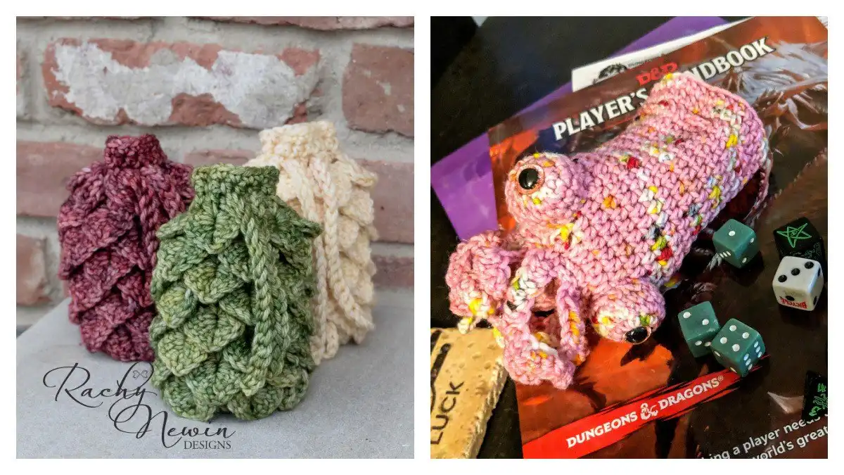 A vibrant collection of uniquely crocheted dice bags, showcasing a Beaded Cinch/Dice Bag Free Crochet Pattern among various fantasy and themed designs, perfect for tabletop gamers.
