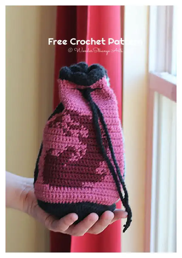 Fandom-inspired Magic the Gathering Dice Bag Free Crochet Pattern, featuring iconic symbols and customizable colors for TCG players.