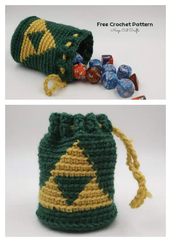Iconic Zelda Triforce Dice/Gift Bag Free Crochet Pattern, perfect for fans of the classic video game series for dice or small gifts.