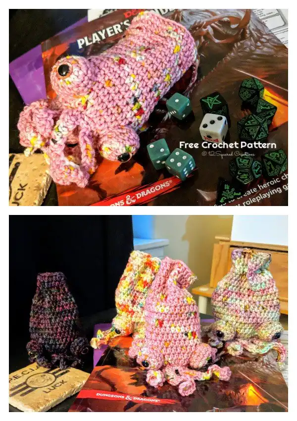Playful Squid Dice Bag Free Crochet Pattern featuring distinct tentacles and eye details in bright colors, perfect for ocean themes.