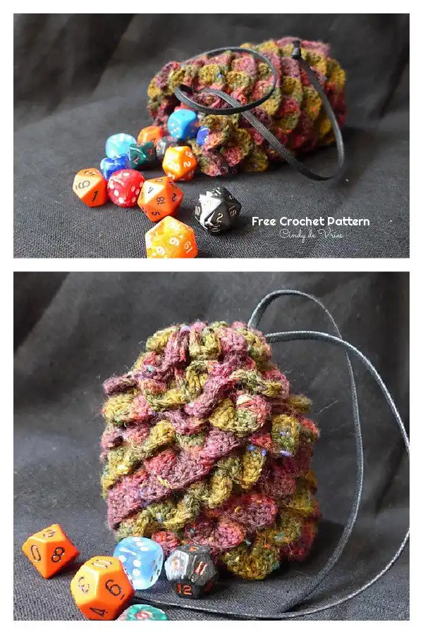 Intricately textured Dragon Egg Dice Bag Free Crochet Pattern, showcasing a unique, scale-like stitch pattern for a fantasy feel.