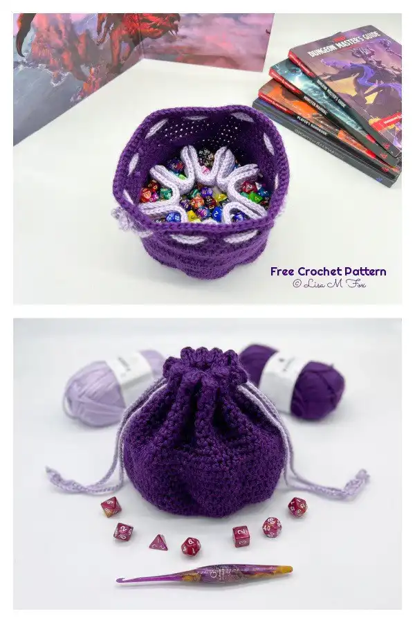 Practical Evan's 8 Pocket Dice Bag Free Crochet Pattern, displaying multiple compartments for organized dice storage for gamers.