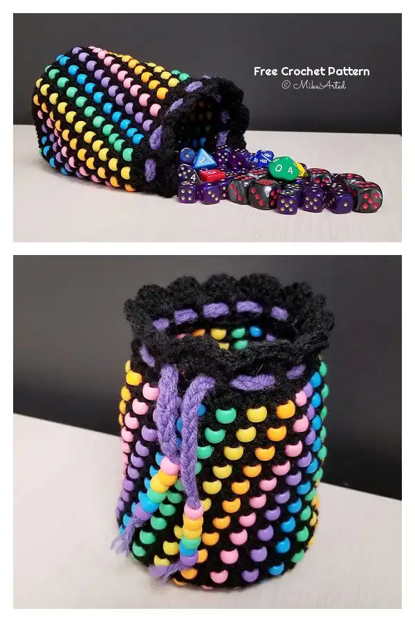 Elegant Beaded Cinch/Dice Bag Free Crochet Pattern, featuring delicate beads and a functional drawstring closure for a refined look.