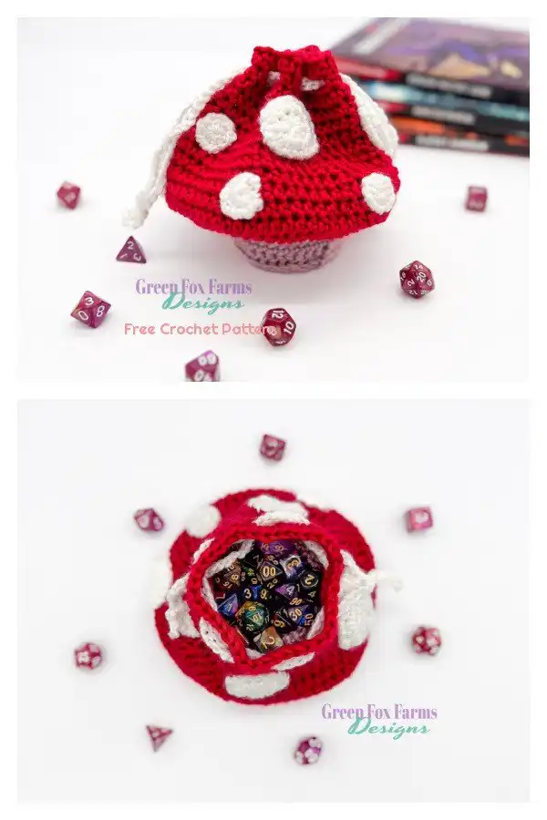 Whimsical Mystical Mushroom Dice Bag Free Crochet Pattern, designed with a classic toadstool cap and earthy tones for a magical touch.