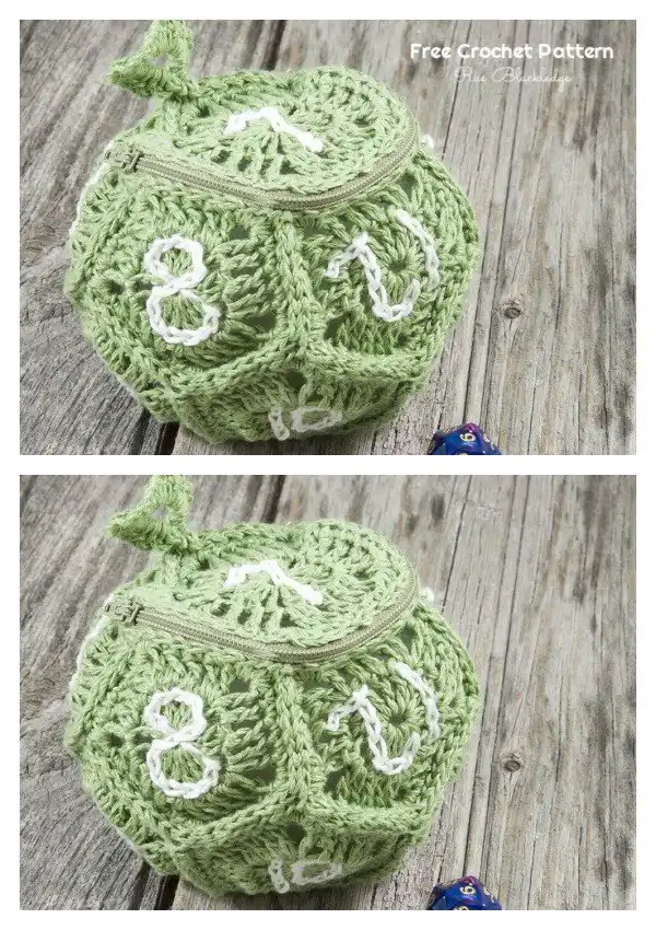 Geometrically unique D12 Dice Bag Free Crochet Pattern, shaped like a dodecahedron for a distinctive and structural dice holder.