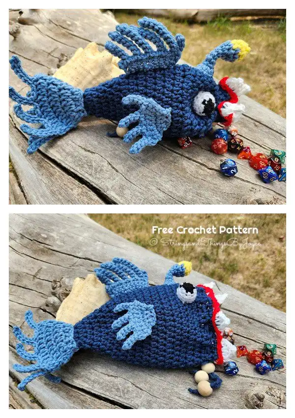 Quirky Brain Eater Fish Dice Bag Free Crochet Pattern, with playful, exaggerated features for a fun and unique twist on dice storage.