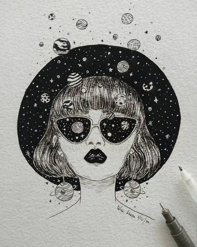 Eyes Are the Windows to Your Soul drawing by Mixx Karen, depicting eyes with cosmic elements for beautiful aesthetic drawing ideas.