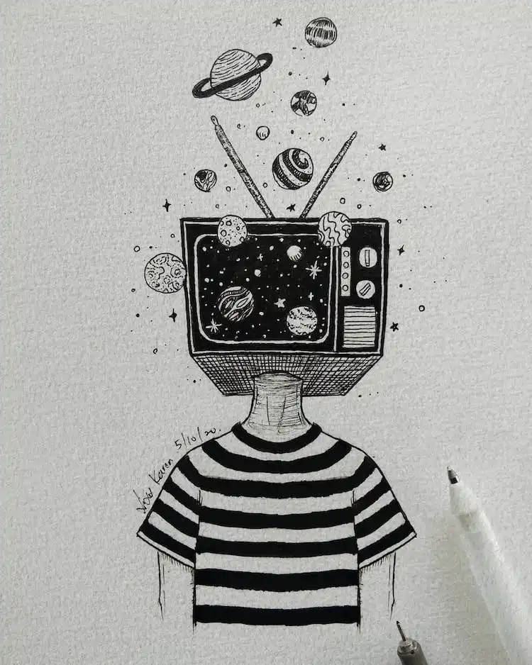 TV Head drawing featuring a character with a galaxy-themed screen, representing cool things to draw with a unique concept.
