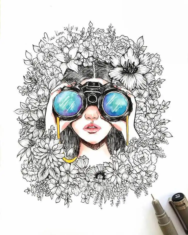 Witch and Owl Aesthetic drawing with black, white, and gold palette, perfect for beautiful aesthetic drawing ideas with a magical theme.