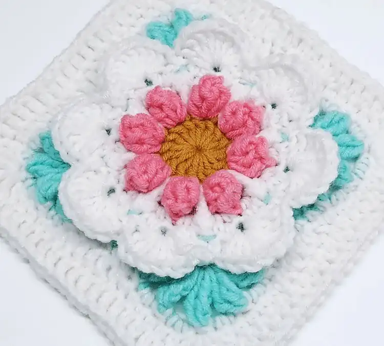 Dimensional 3D Flower Square crochet pattern with creative pop