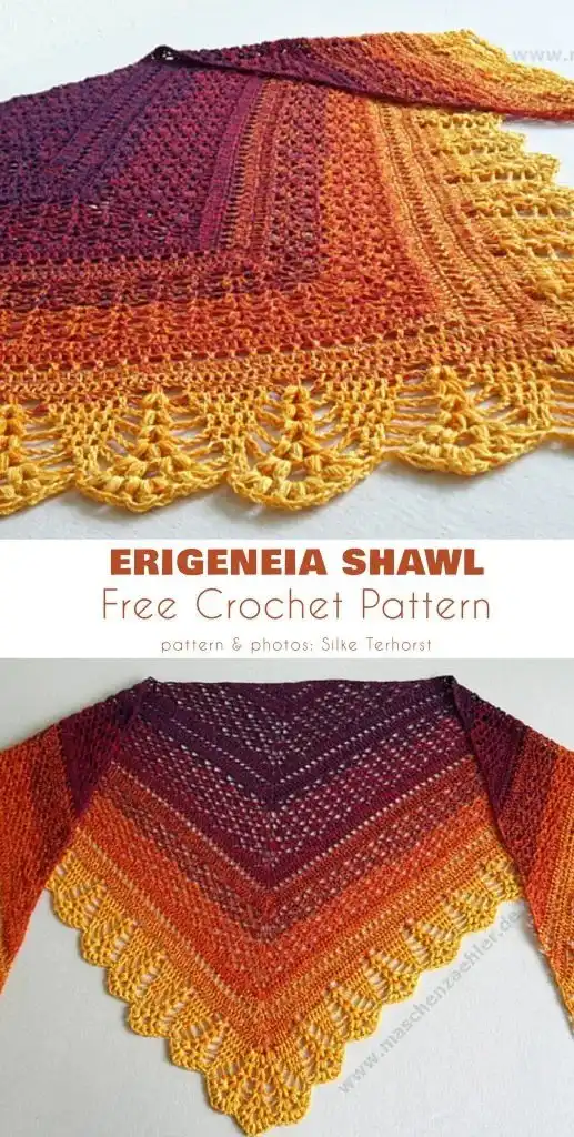 Erigeneia Shawl: A triangular crochet shawl with a gradient from yellow to orange, featuring a delicate lace border, perfect for upper beginners.