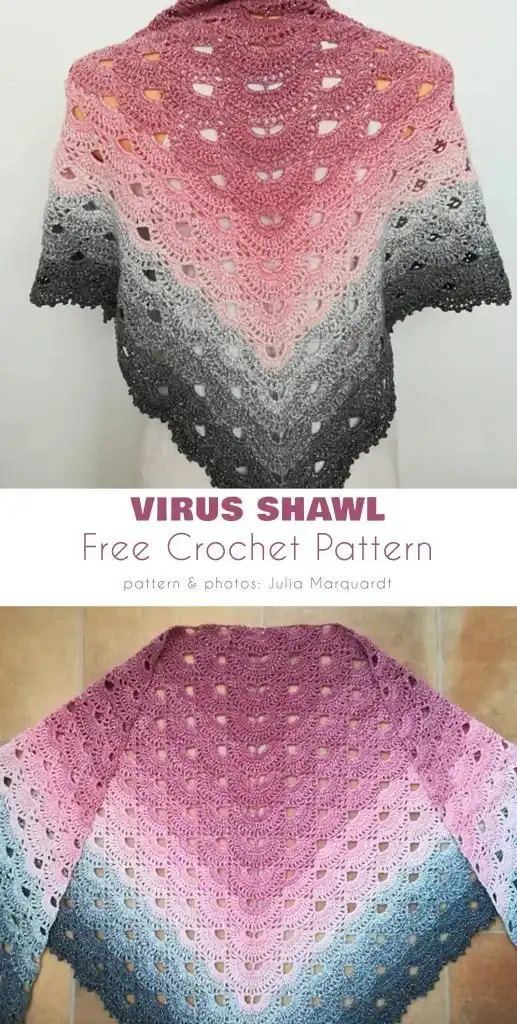 Virus Shawl: A popular crochet shawl displaying a gradient pattern from pink to gray, known for its beautiful texture and quick work-up time.