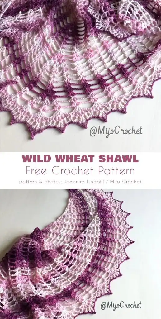 Wild Wheat Shawl: A lacy, crescent-shaped crochet shawl in soft white, pink, and purple tones, perfect for summer.