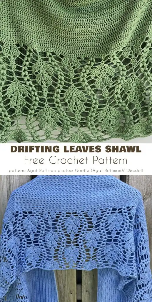 Drifting Leaves Shawl: Two rectangular crocheted shawls, one green and one blue, both featuring detailed leaf patterns along their edges.