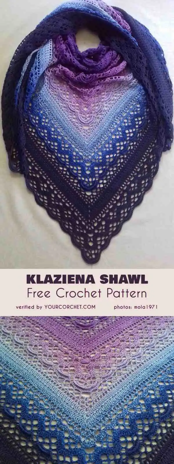 Klaziena Shawl: A classic crochet shawl with intricate openwork, showcasing a beautiful gradient yarn from blue to purple.