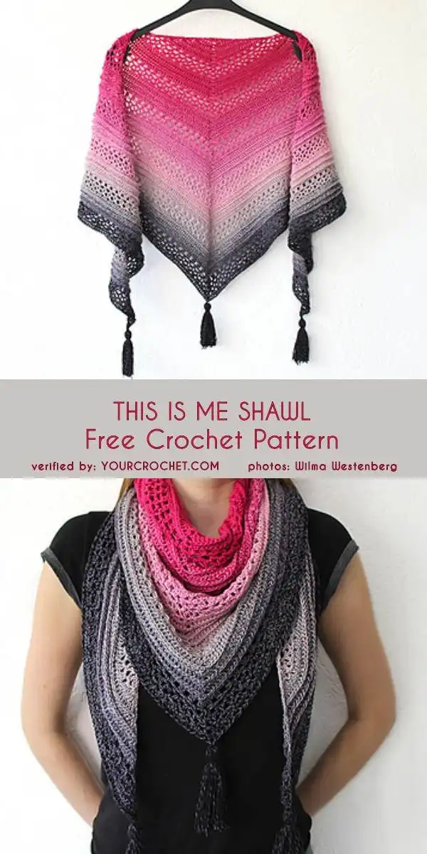 This Is Me Shawl: A stylish crochet shawl in a deep raspberry and dark grey combination, highlighting texture and color contrasts.
