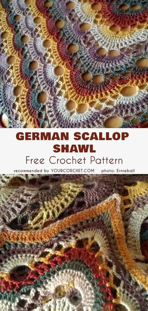 German Scallop Crochet Shawl: A close-up of a delicate crochet shawl featuring a timeless scalloped stitch pattern in a solid color.