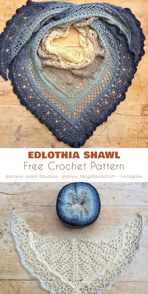 Edlothia Shawl: Three crocheted shawls in subtle blue, cream, and beige gradients, showcasing a diaphanous, lacy texture on a wooden surface.