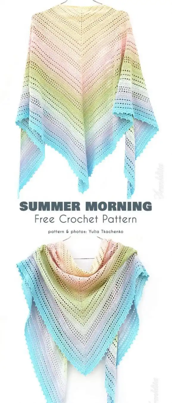 Summer Morning Shawl: A beautifully draped crochet shawl in ombre blue and green hues, featuring an airy yet solid stitch pattern.
