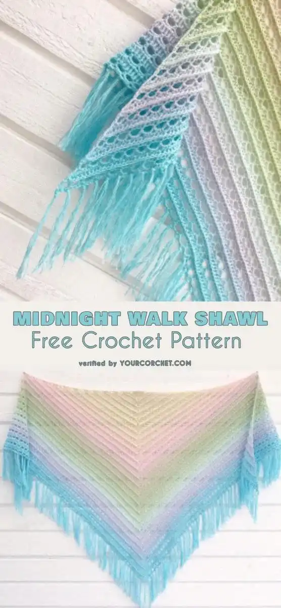 Midnight Walk Shawl: A playful crochet shawl with frilly edges and an intricate texture, displayed in a solid color.