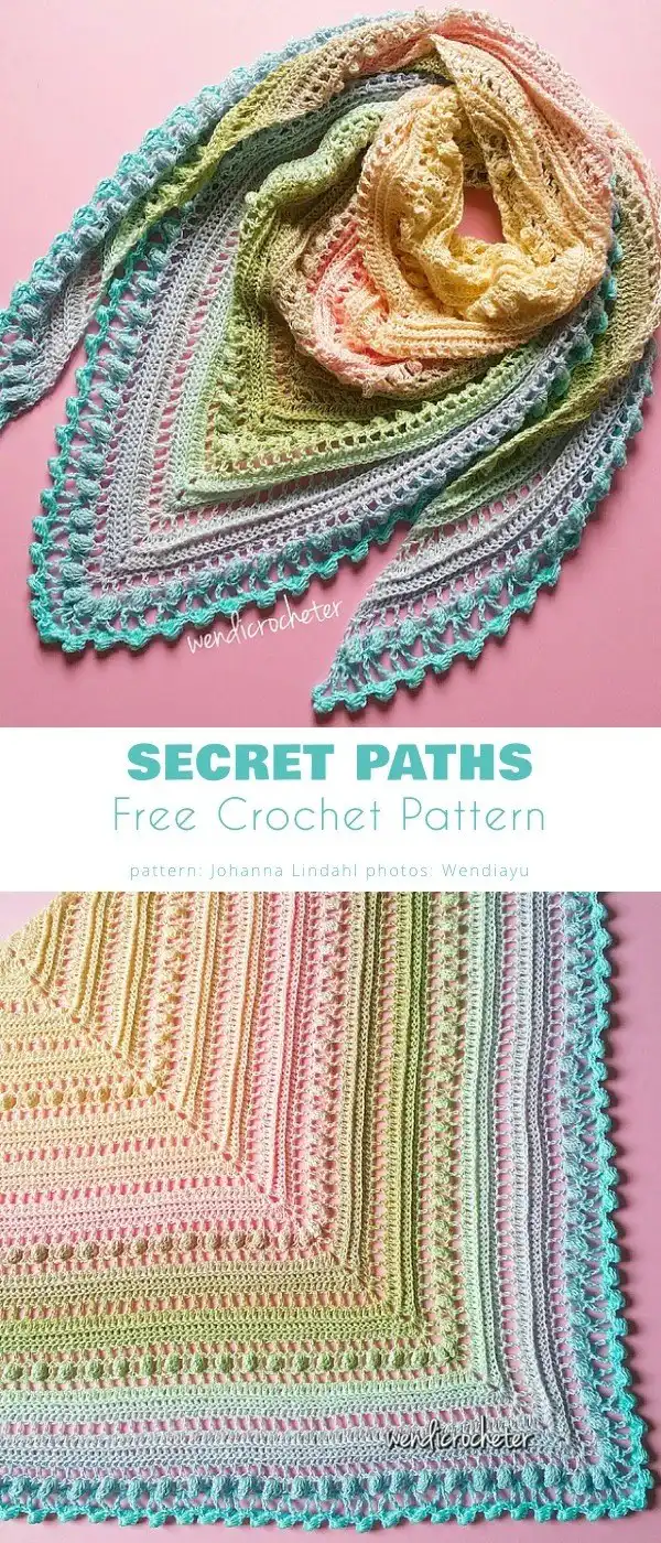 Secret Paths Shawl: A dense yet beautifully textured crochet shawl displaying a rich color gradient of blues, greens, and purples.