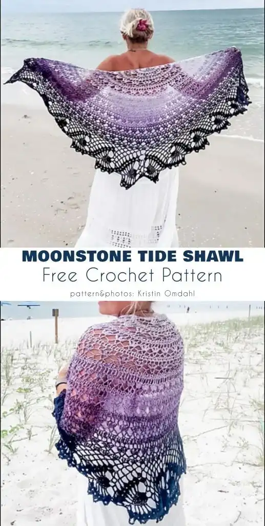Moonstone Tide Shawl: A woman on a beach wearing a large, elegant crochet shawl with a gradient from light purple to deep purple, showcasing flowing stitch patterns.
