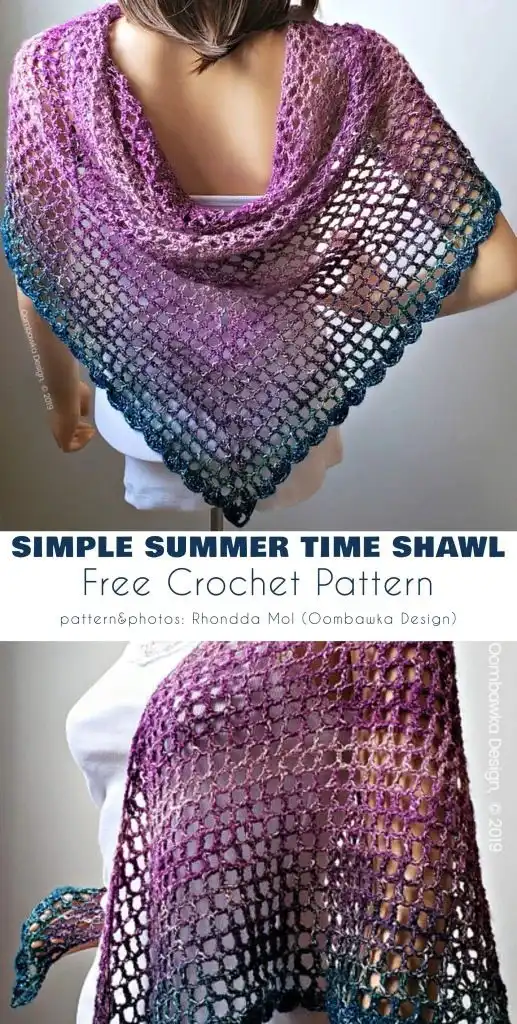 Simple Summer Time Shawl: A person modeling a triangular, lacy crochet shawl in soft purple fading to teal tones, ideal for beginners.