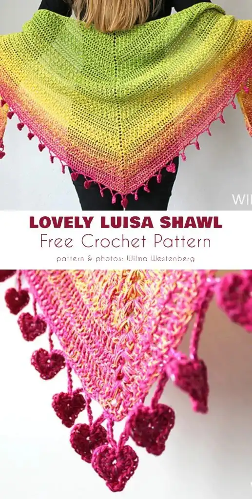 Lovely Luisa Shawl: A person holding a triangular crochet shawl with vibrant yellow, green, and pink gradient colors, adorned with heart-shaped tassels.