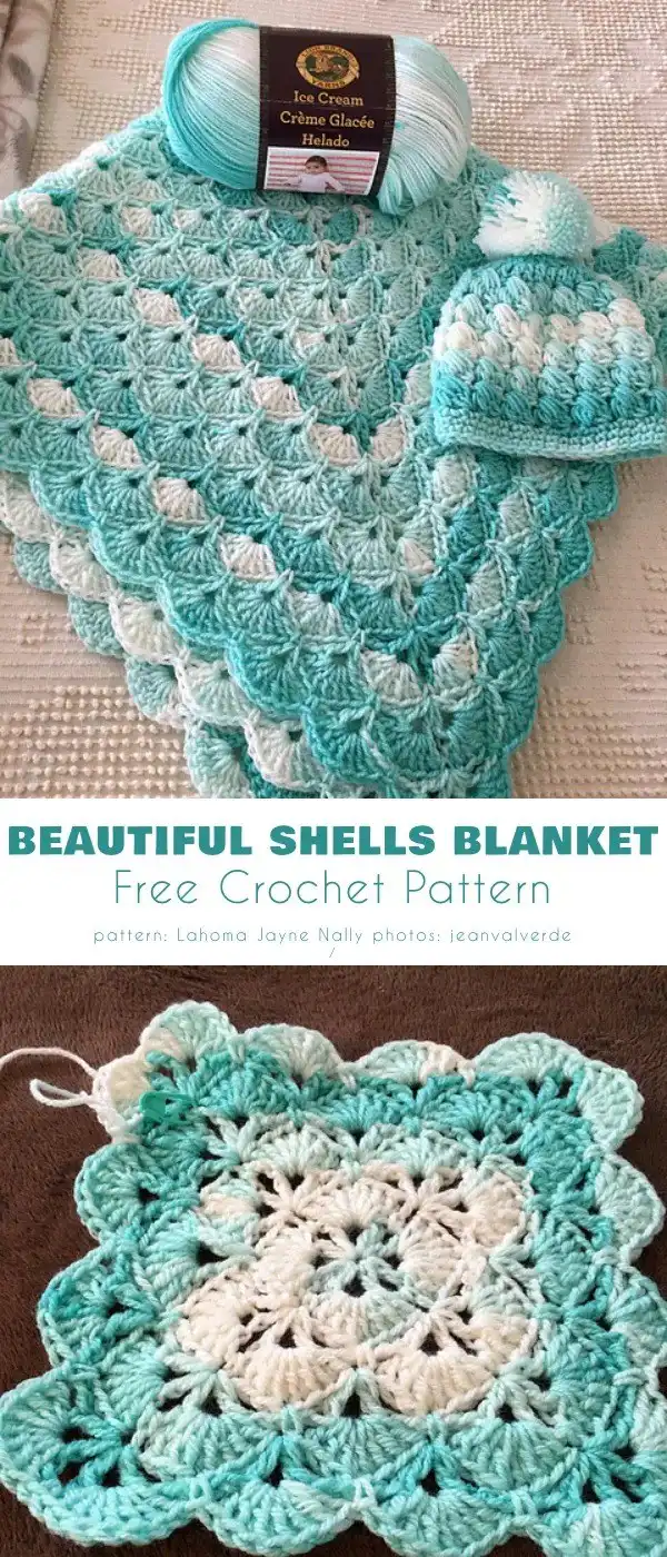 First Beautiful Ocean Shell Blanket Ideas example, showing a smooth gradient yarn transition from white to pale aquamarine.