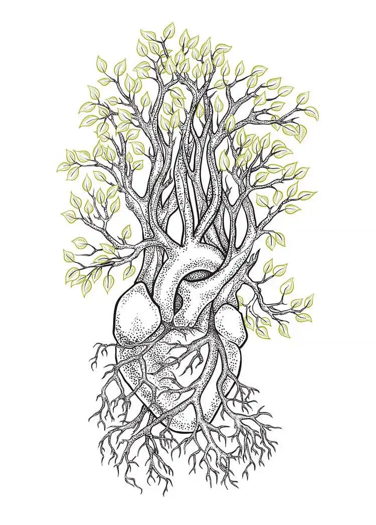 Symbolic drawing of a tree growing from a heart, representing love and life, a thought-provoking beautiful tree drawing idea.
