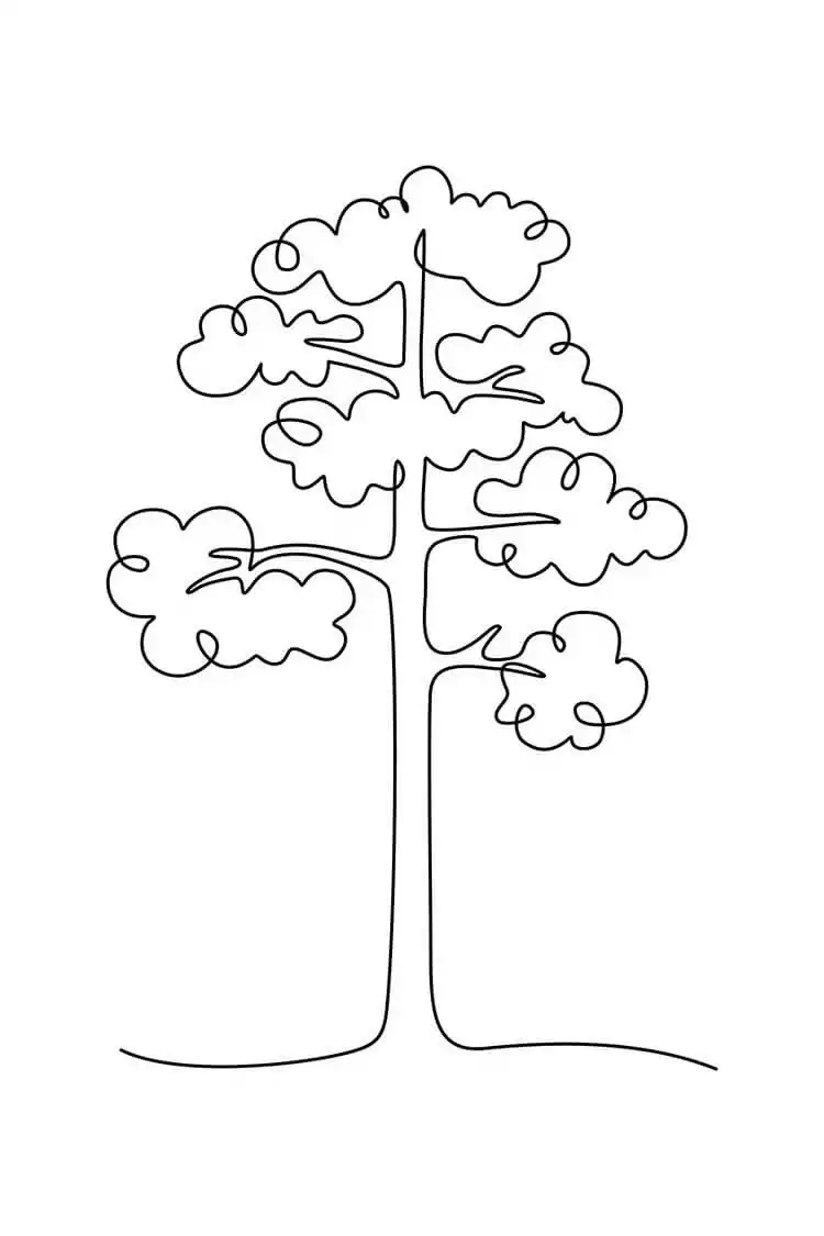 Continuous line drawing of a pine tree, demonstrating fluid technique and form, a unique beautiful tree drawing idea.