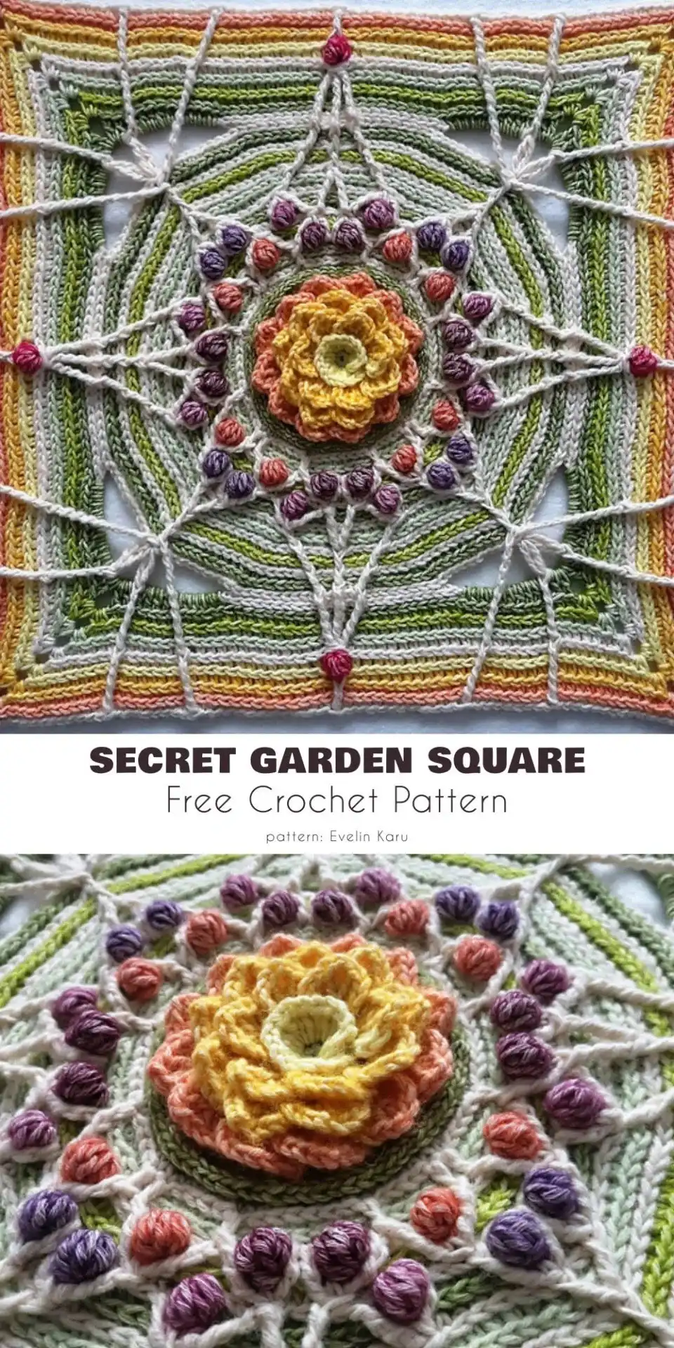 Close-up of the Secret Garden Square crochet pattern, displaying its delicate floral and textured details in soft yarn.