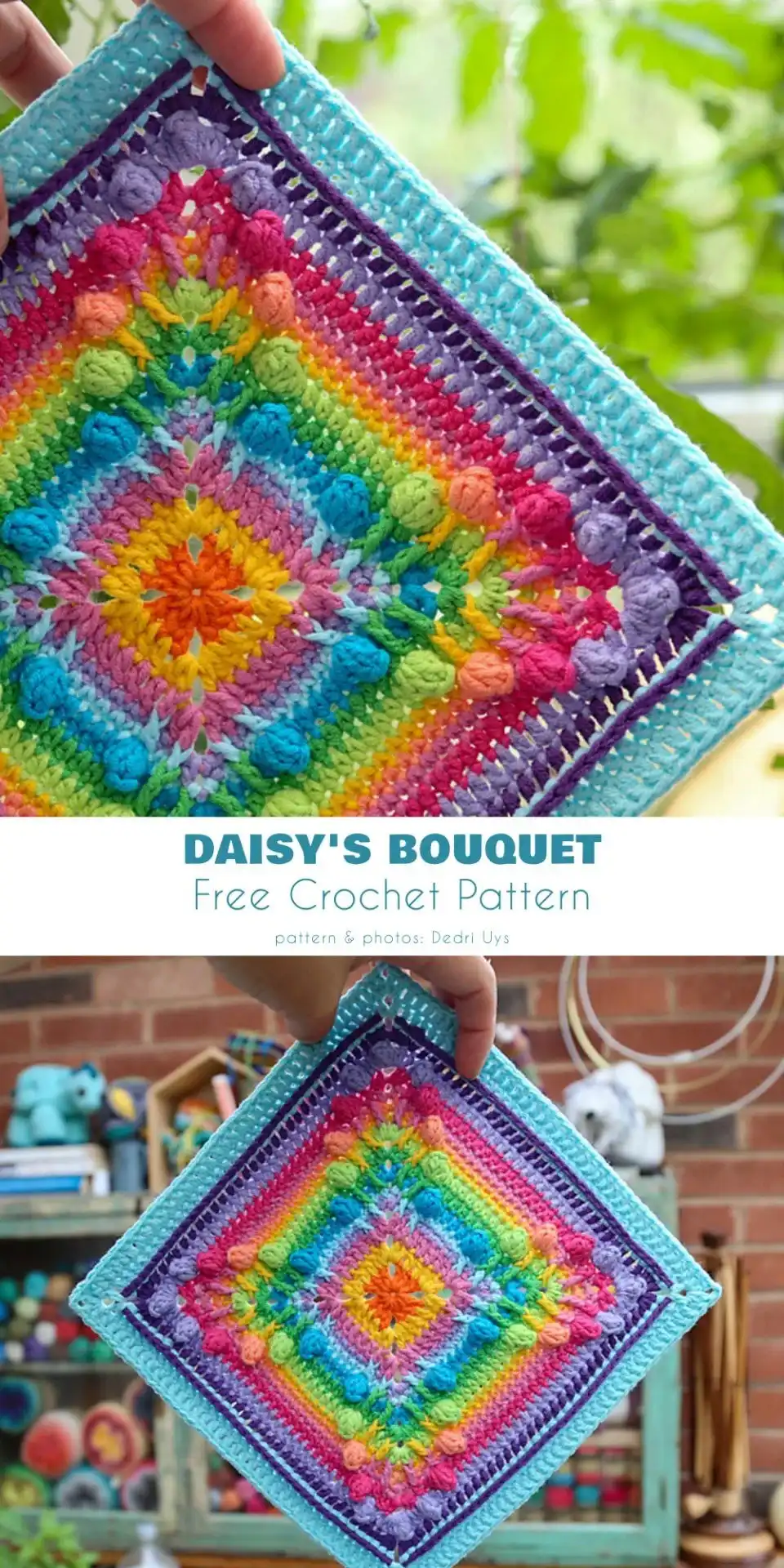 A finished Daisy’s Bouquet crochet square, highlighting its 3D daisy elements and crisp edges against a contrasting background.
