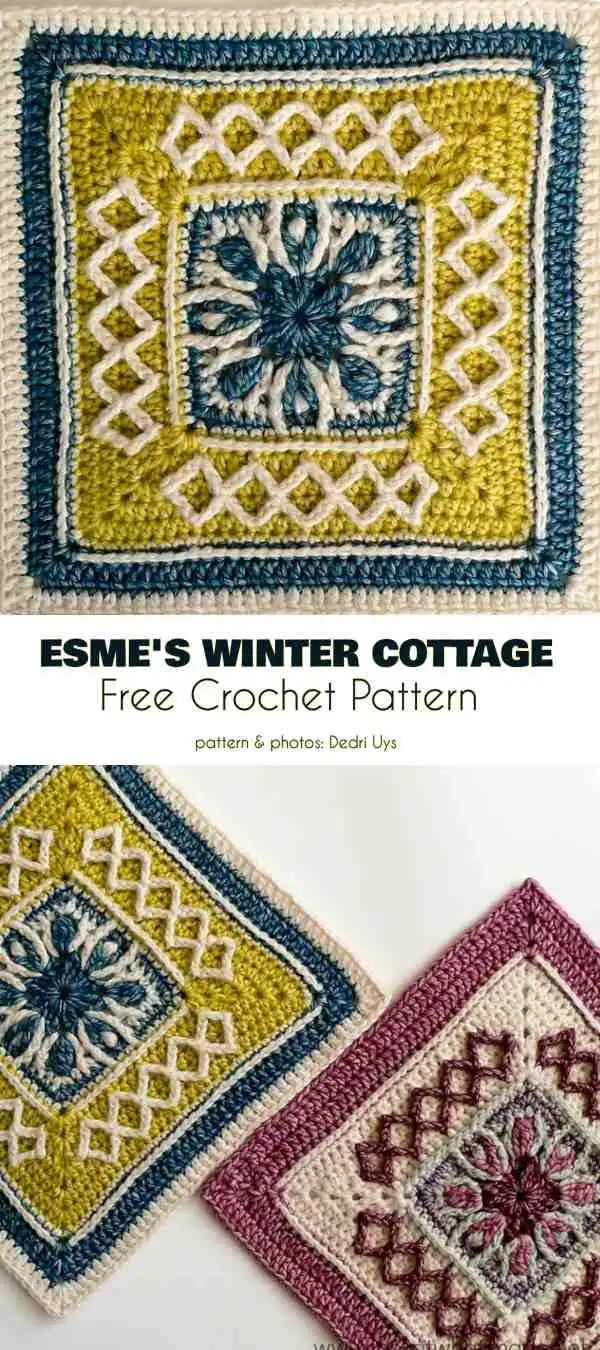 Esme’s Winter Cottage Square crochet pattern, featuring its dense texture and classic design, ideal for cozy winter projects.