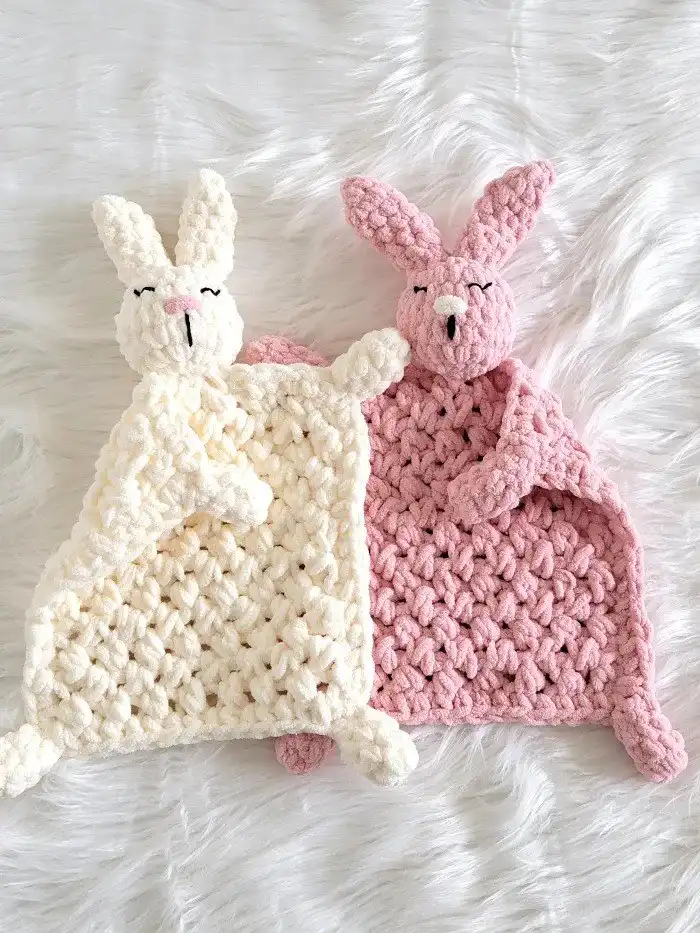 Beginner-Friendly Free Bunny Lovey Crochet Pattern Baby Gift 3 Pink and cream beginner-friendly free bunny lovey crochet pattern baby gift with embroidered features.