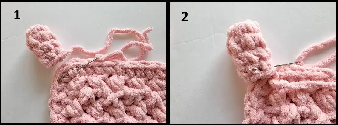Beginner-Friendly Free Bunny Lovey Crochet Pattern Baby Gift 5 Tapestry needle inserted under posts of stitches, demonstrating seamless joining technique for crochet parts.