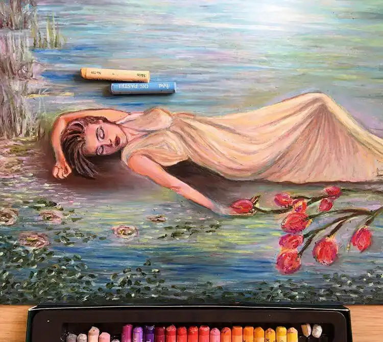 Beginners Oil Pastel Art and Drawings - Cat Drawing 1 Oil pastel drawing of a woman reclining gracefully in water, surrounded by delicate flowers, ideal for beginner artists exploring serene scenes.