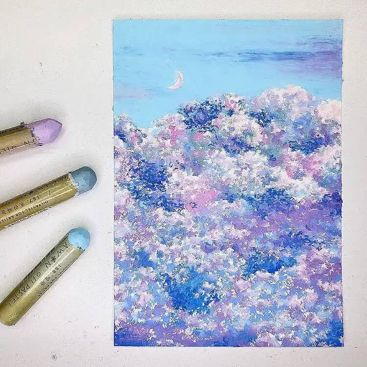Beginners Oil Pastel Art and Drawings - Cat Drawing 11 Creative oil pastel scenery depicting colorful clouds, allowing artists to explore imaginative color palettes and soft textures.