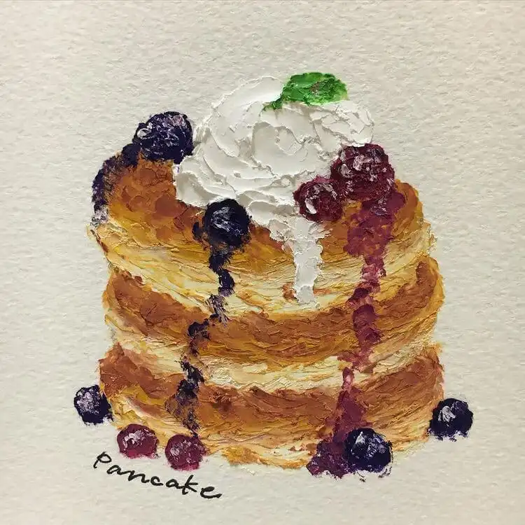 Beginners Oil Pastel Art and Drawings - Cat Drawing 12 Appetizing oil pastel drawing of blueberry pancakes, showcasing golden textures and plump blueberries for food art lovers.