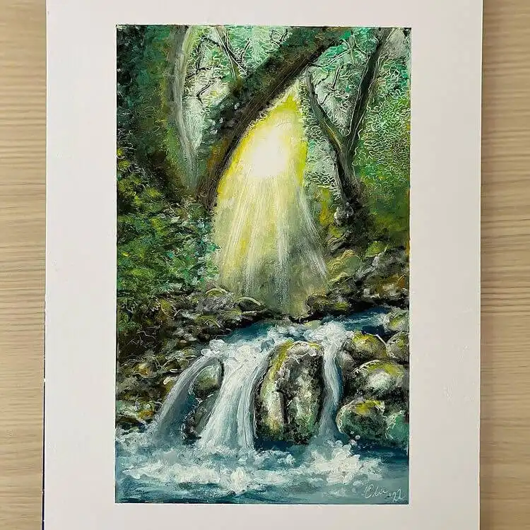 Beginners Oil Pastel Art and Drawings - Cat Drawing 13 Harmonious oil pastel art titled 'Where Rivers Flow,' detailing river rocks, sunlight, and flowing water in a natural landscape.