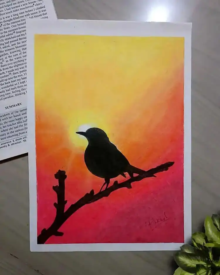 Beginners Oil Pastel Art and Drawings - Cat Drawing 14 Beginner-friendly oil pastel drawing of a bird standing on a branch against a striking yellow and orange sky background.