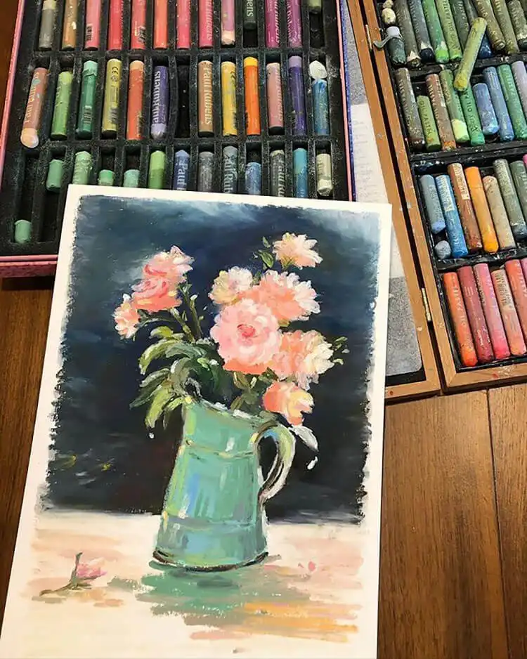 Beginners Oil Pastel Art and Drawings - Cat Drawing 15 Traditional oil pastel still life painting featuring colorful flowers in a vase, ideal for practicing composition and observation.