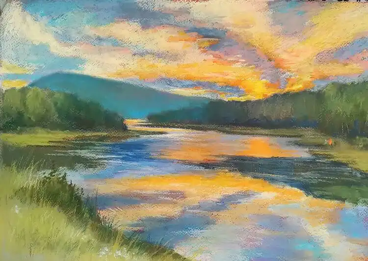 Beginners Oil Pastel Art and Drawings - Cat Drawing 16 Inspiring oil pastel landscape drawing of a river, capturing the flowing water, surrounding trees, and rocks for natural scene practice.