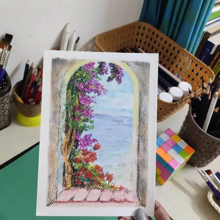 Beginners Oil Pastel Art and Drawings - Cat Drawing 17 Observational oil pastel drawing of a window scene, encouraging artists to recreate their views or use online references.
