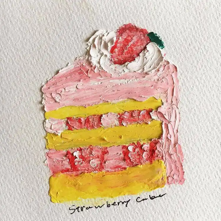 Beginners Oil Pastel Art and Drawings - Cat Drawing 2 Textured oil pastel drawing of a strawberry cake with layers of white, red, and yellow, perfect for food art enthusiasts.